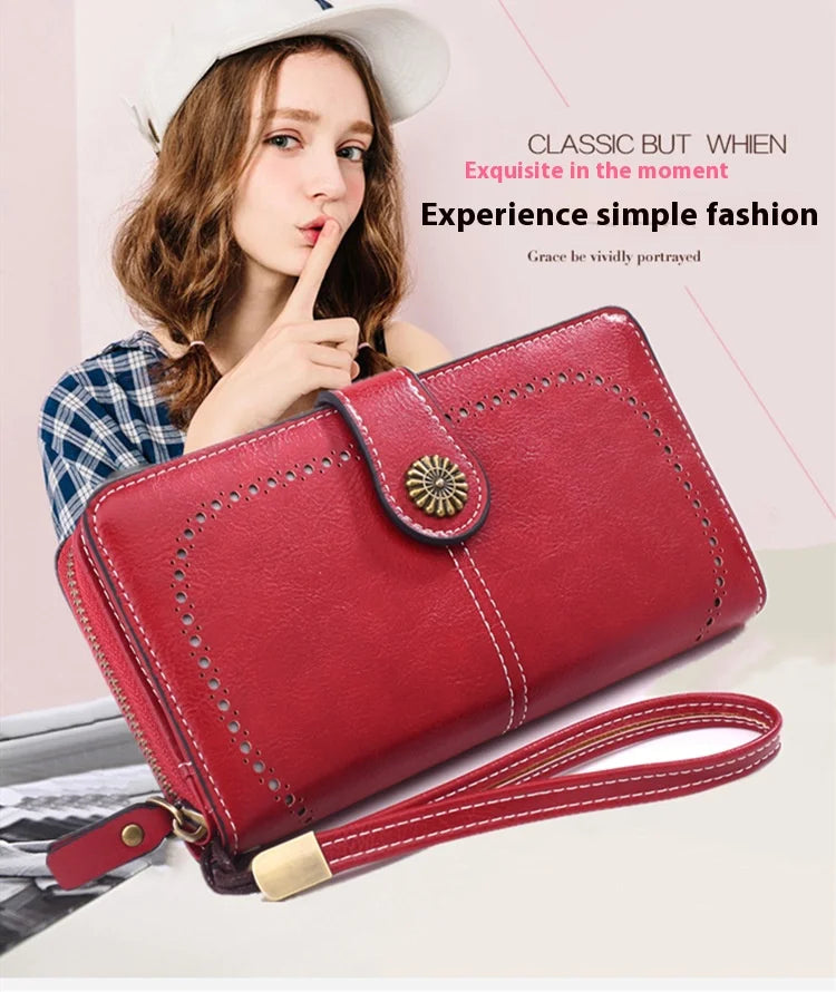 Fashionable new hollow out coin purse for women's oily leather phone bag, long zipper handbag,coin bag Triple fold ladies wallet