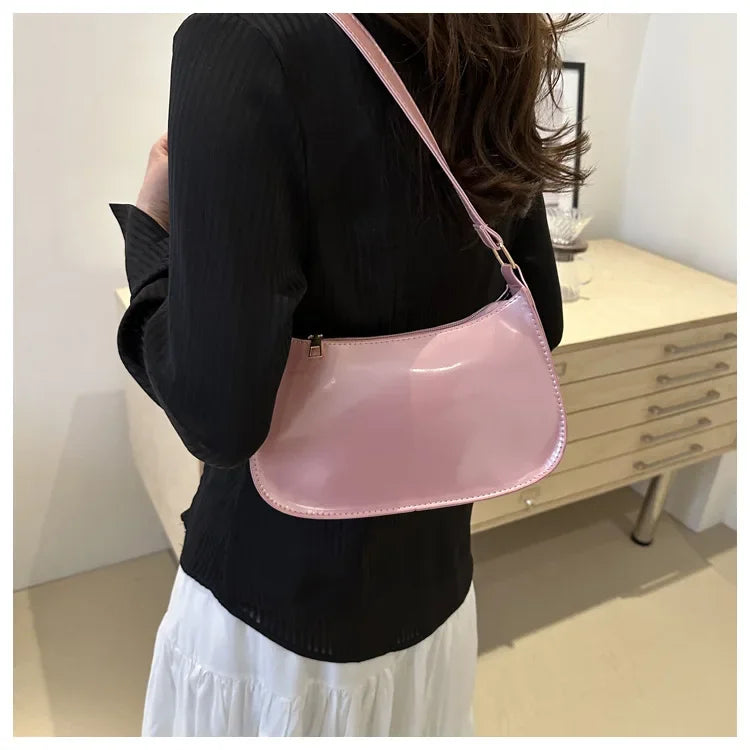 Vintage Wine Red Patent Leather Glossy Underarm Bag 2024 New Minimalist Lady Zipper Shoulder Bag Elegant Versatile Handbag Trend