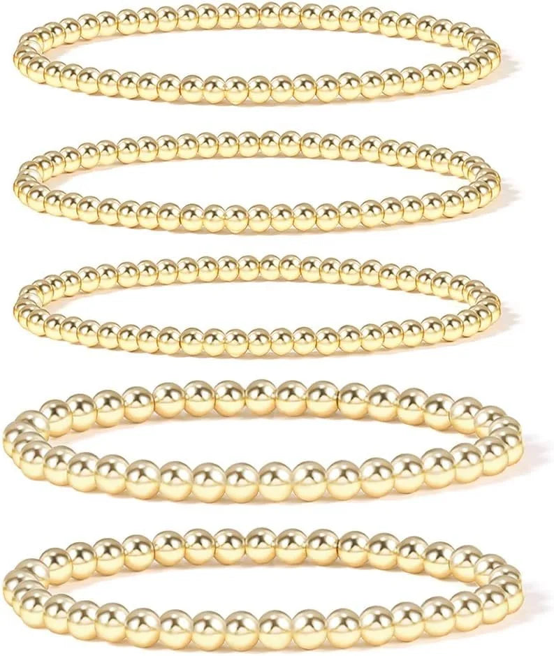 Gold Plate Bead Bracelet for Women 14K Gold Plated Bead Ball Bracelet Stretchable Elastic Hypoallergenic Bohemian Stackable