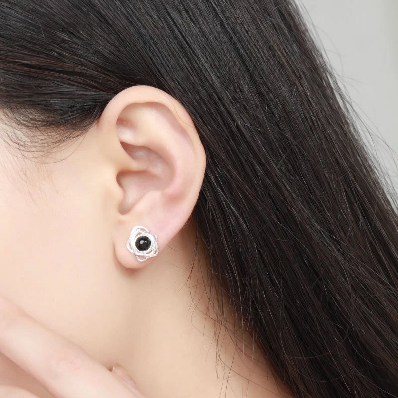 925 Sterling Silver Stud Earrings with Natural Onyx Stone Black and White Irregular Geometric Arc Design Stud Earrings for Women