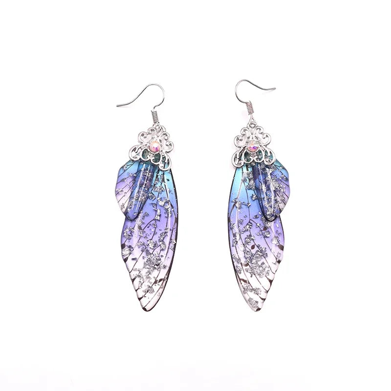 Handmade Fairy Simulation Wing Earrings Insect Butterfly Wing Drop Earrings Foil Rhinestone Earrings Romantic Bridal Jewelry