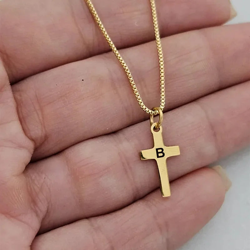 Initial Letter Cross Pendant Necklace - Gold Plated Kids Jewelry A-Z