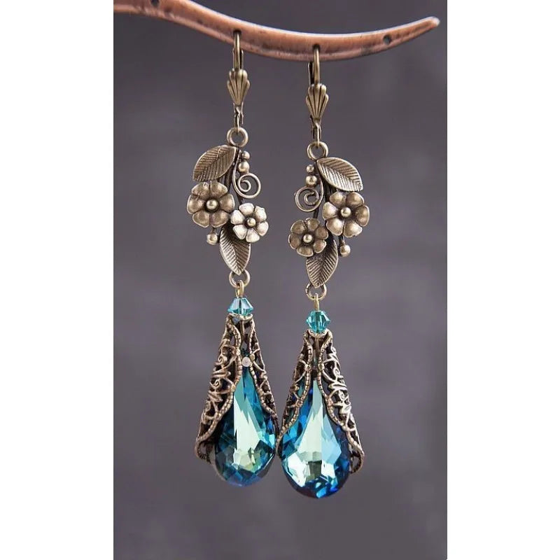 Delicate Gorgeous Flower Leaf Geometry Earrings for Women Gold Color Blue Stone Party Dangle Earrings Jewelry