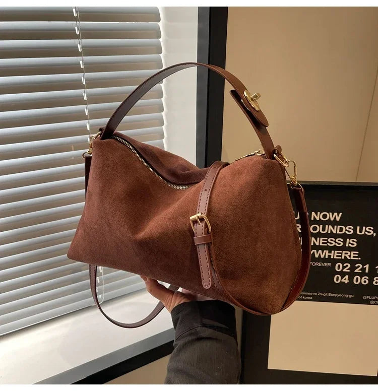 New Solid Color PU Zipper Women's Bag Suede Large Capacity Women's Shoulder Bag Fashion Versatile Casual Dual Purpose Handbag