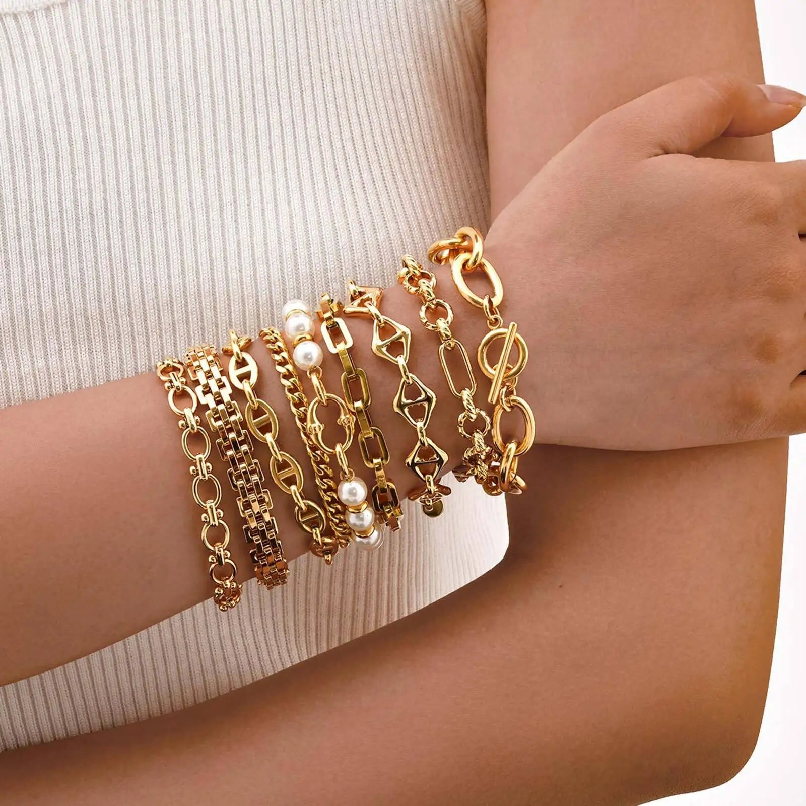 Gold Plated Chunky Chain Bracelet, Stainless Steel Minimalist Link Waterproof, Thick Brand Wristband Bangle For Women