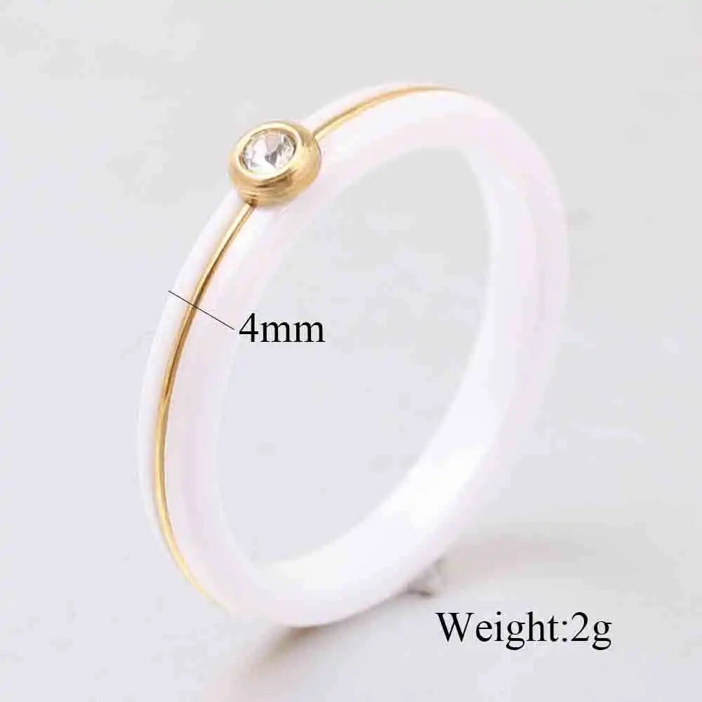 HNSP 4MM luxury Zircon Ceramic Black White Ring For Women Finger Jewelry Accessories