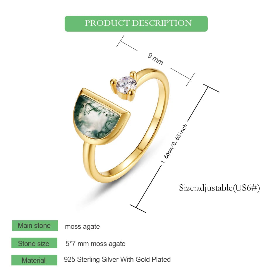 WES 925 Sterling Silver Open Ring for Woman Classic Unique Green Moss Agate Crystal Ring Engagement Gift Wholesale Oval Cut