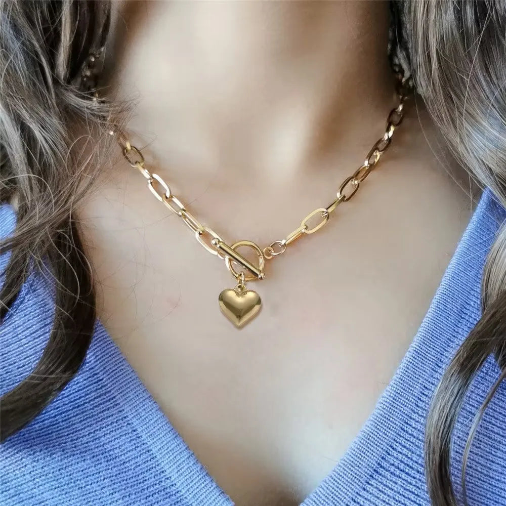 ASONSTEEL Romantic Heart Pendant Necklace For Women High Quality Golden Stainless Steel Metal Stylish Choker Valentine's Gift