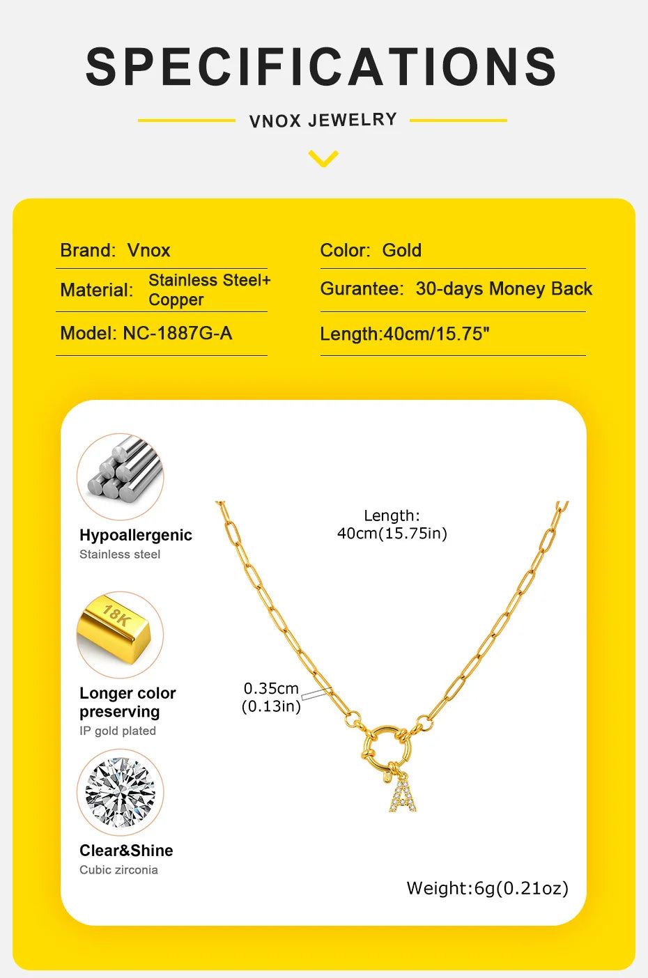 Vnox Women's Trendy Letters Necklaces With CZ Zircon, Stainless Steel 18K Gold Plated Pendant, Fashion Charm A-Z Accessories