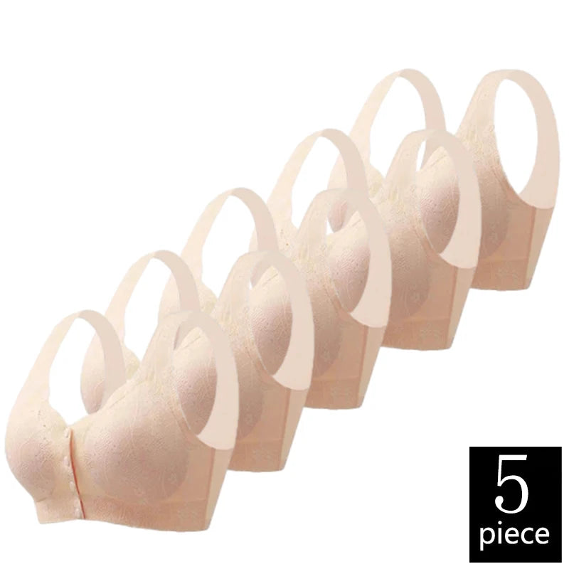 FallSweet 5PCS Front Closure Bra for Moms Lace  Seamless Push Up Brassiere Plus Size Wireless Brassiere for Middle-aged Women