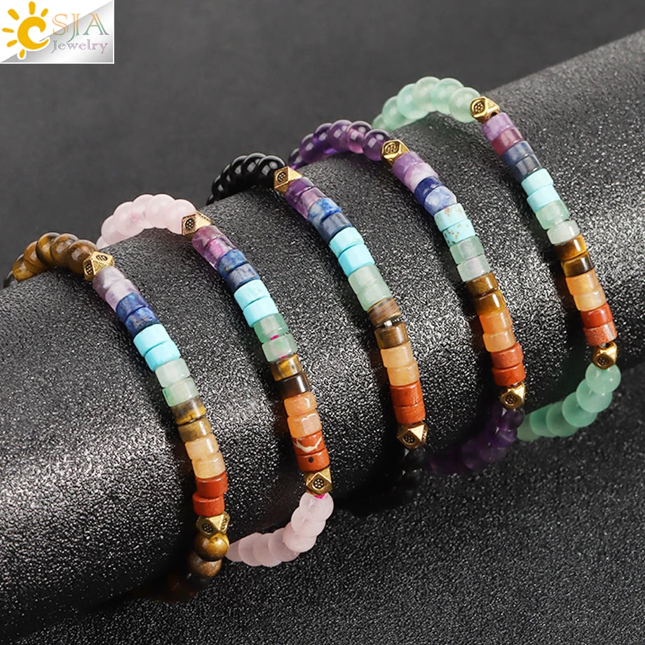 CSJA Natural Stone Bracelet Healing 7 Chakra Crystal Bracelet  Black Obsidian Tiger Eye 4mm Mini Beaded Bangle Luck Jewelry H393