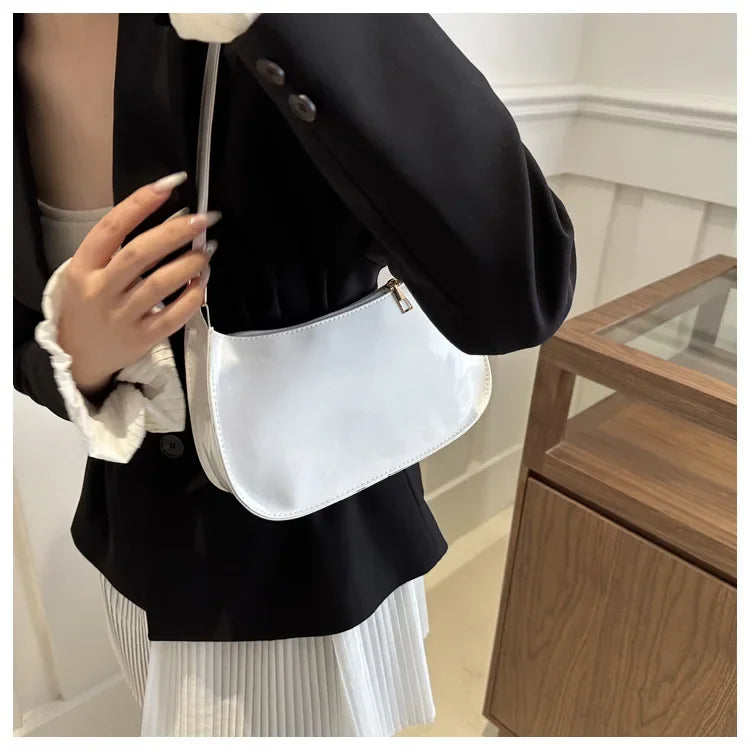 Vintage Wine Red Patent Leather Glossy Underarm Bag 2024 New Minimalist Lady Zipper Shoulder Bag Elegant Versatile Handbag Trend