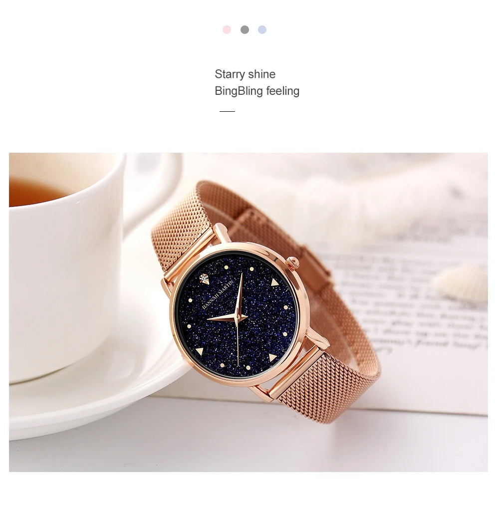 Women Luxury Watch 36mm Fashionable Frosted Dial Japanese Movement Rhinestone Rose Gold Stainless Steel Mesh Women Dress Watches