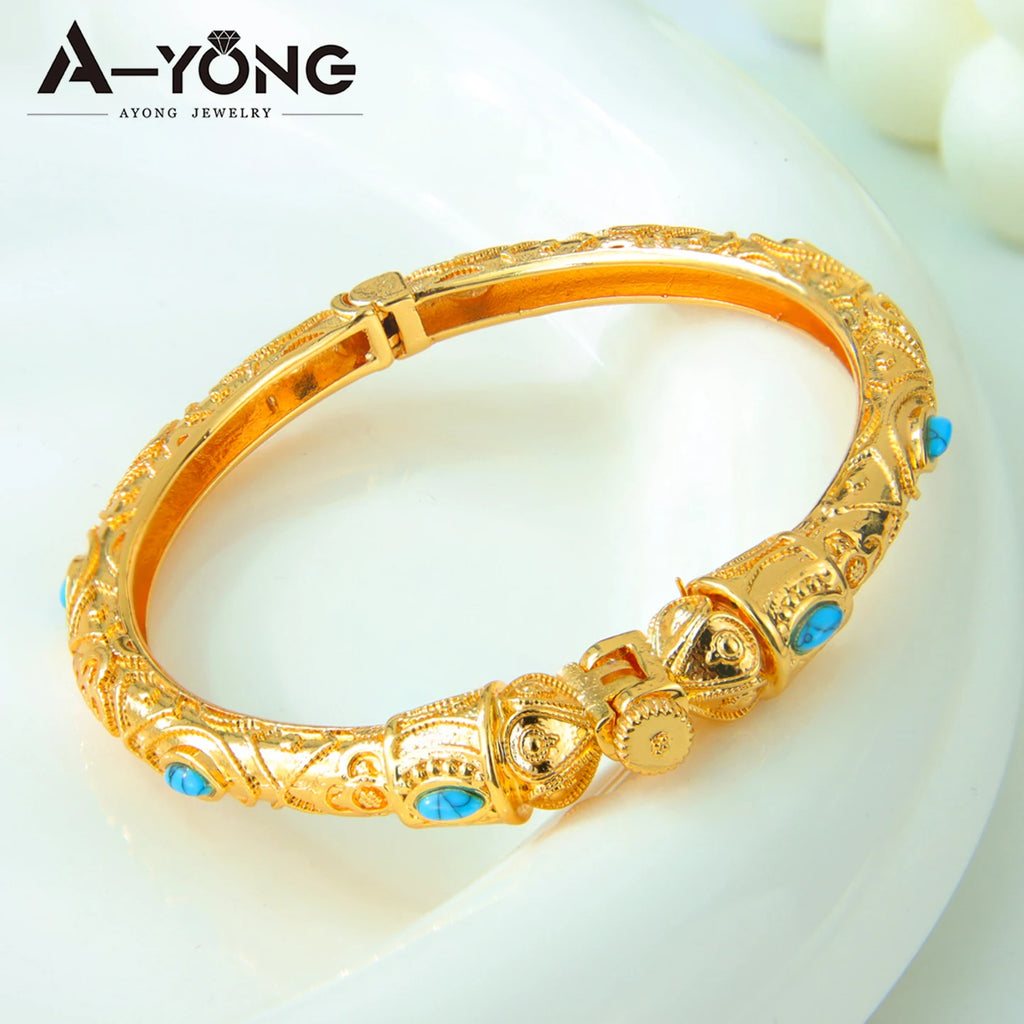 Ethiopia Classic Turquoise Bracelet 21k Gold Plated Dubai Charm Opening Bangles Oman Women Bridal Wedding Party Jewelry