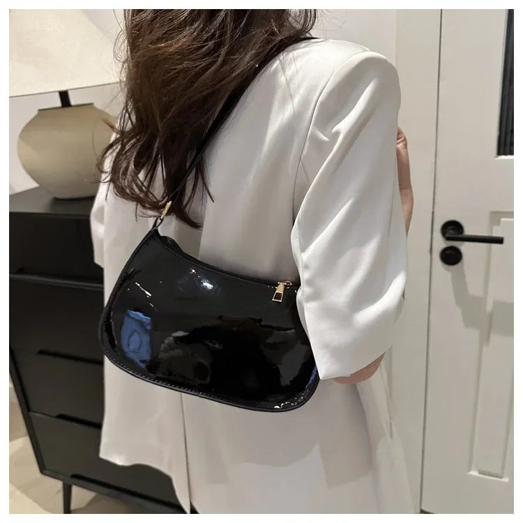 Vintage Wine Red Patent Leather Glossy Underarm Bag 2024 New Minimalist Lady Zipper Shoulder Bag Elegant Versatile Handbag Trend