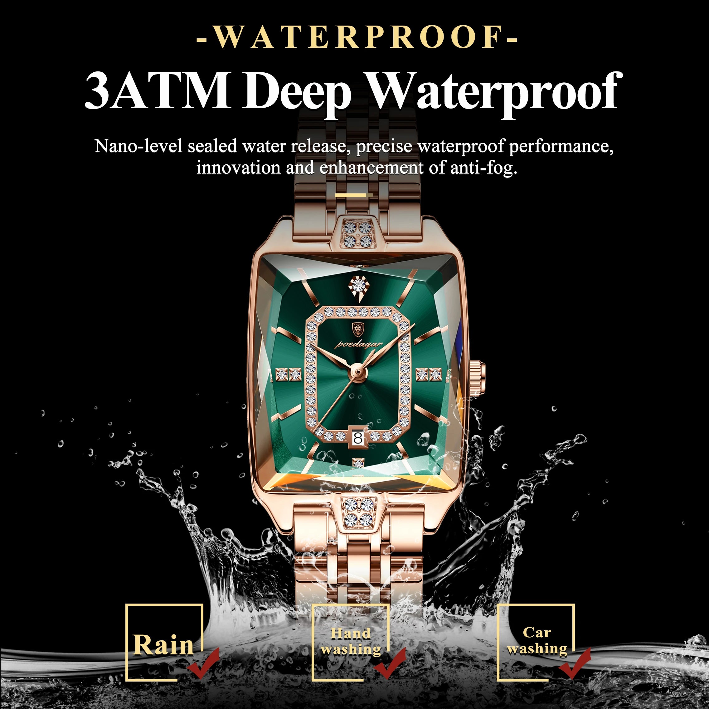 POEDAGAR Luxury Rectangle Watch - Waterproof Calendar Stainless Steel