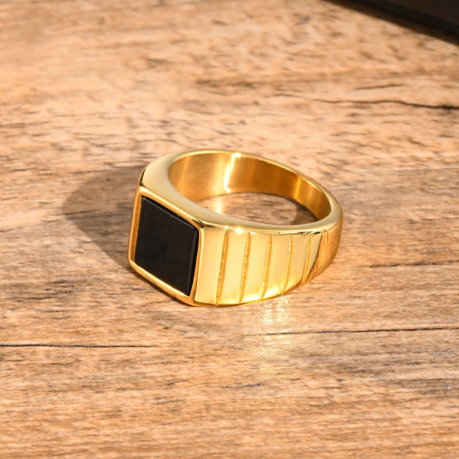 Black Stone Ring for Men,Gold Color Stainless Steel Square Ring Thumb Ring Signet Ring Wedding Ring,Classic Trendy Jewelry Gift