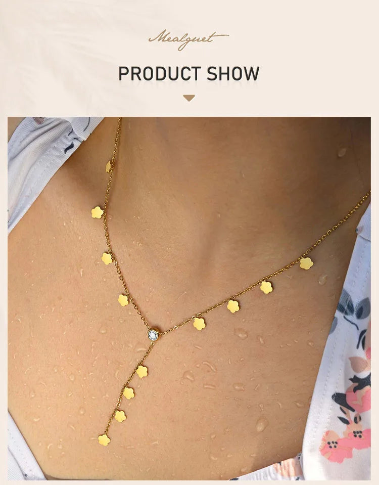 Flower Drop Necklace - Stainless Steel Y Shape Layered Floral Jewelry