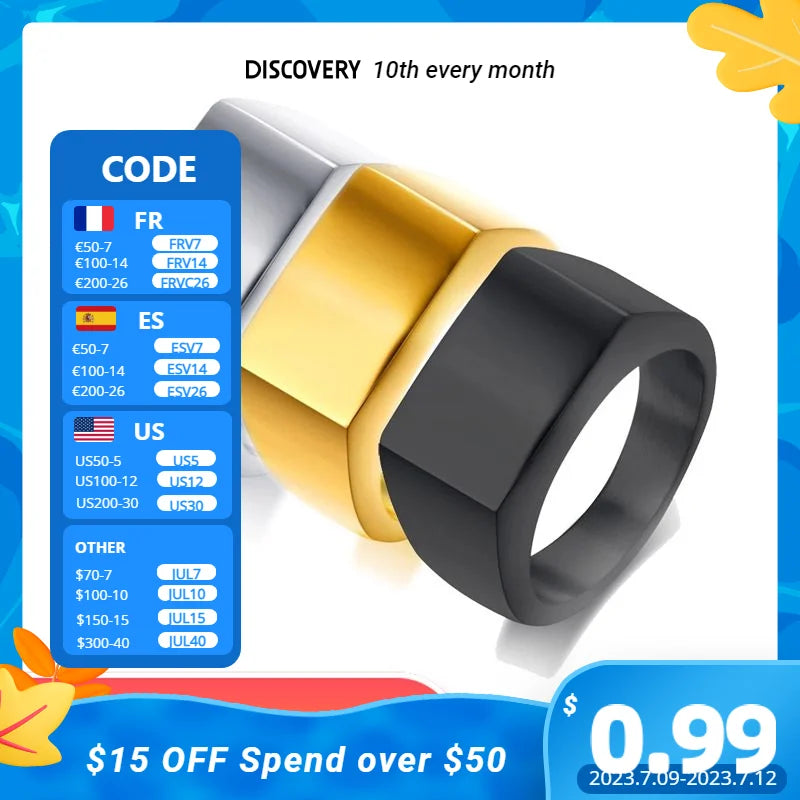 VQYSKO Signet Rings for Men Women Solid Polished Stainless Steel Biker Ring for Men Ideal Gift for Dad & Boyfriend