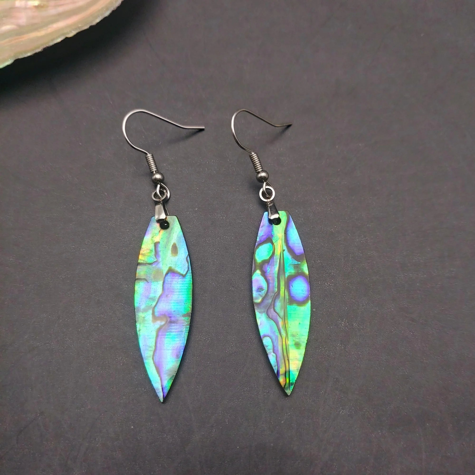 Natural Paua Shell Hand Carving Double Side Dangle Earrings Hawaiian Design Abalone Jewelry