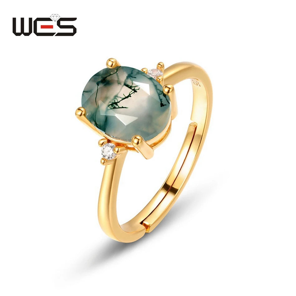 WES 925 Sterling Silver Open Ring for Woman Classic Unique Green Moss Agate Crystal Ring Engagement Gift Wholesale Oval Cut