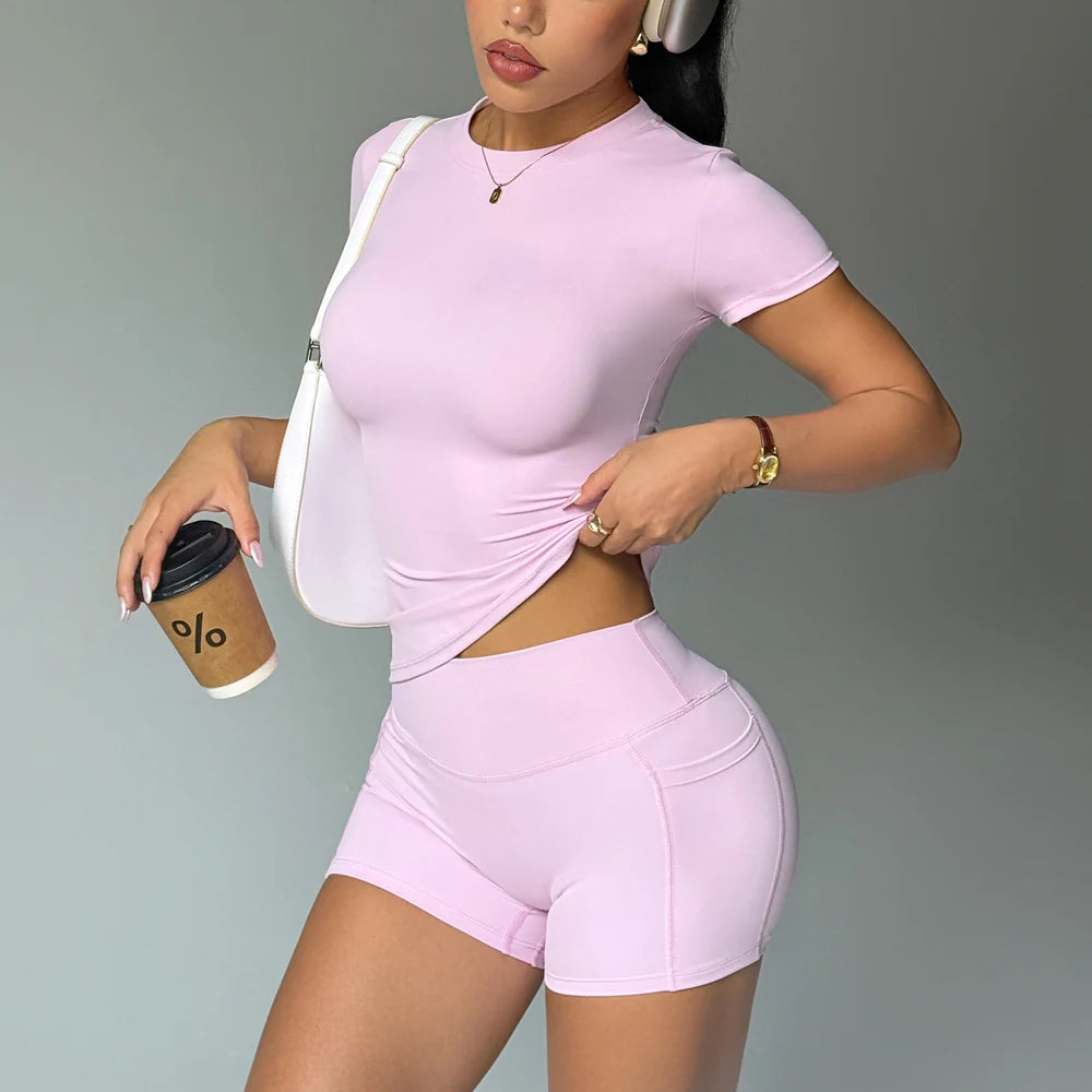 Seamless Yoga Set Women Workout Clothes Short Sleeve Crop Top Pocket Slim Gym Shorts 2 Piece Sports Suit Active Wear