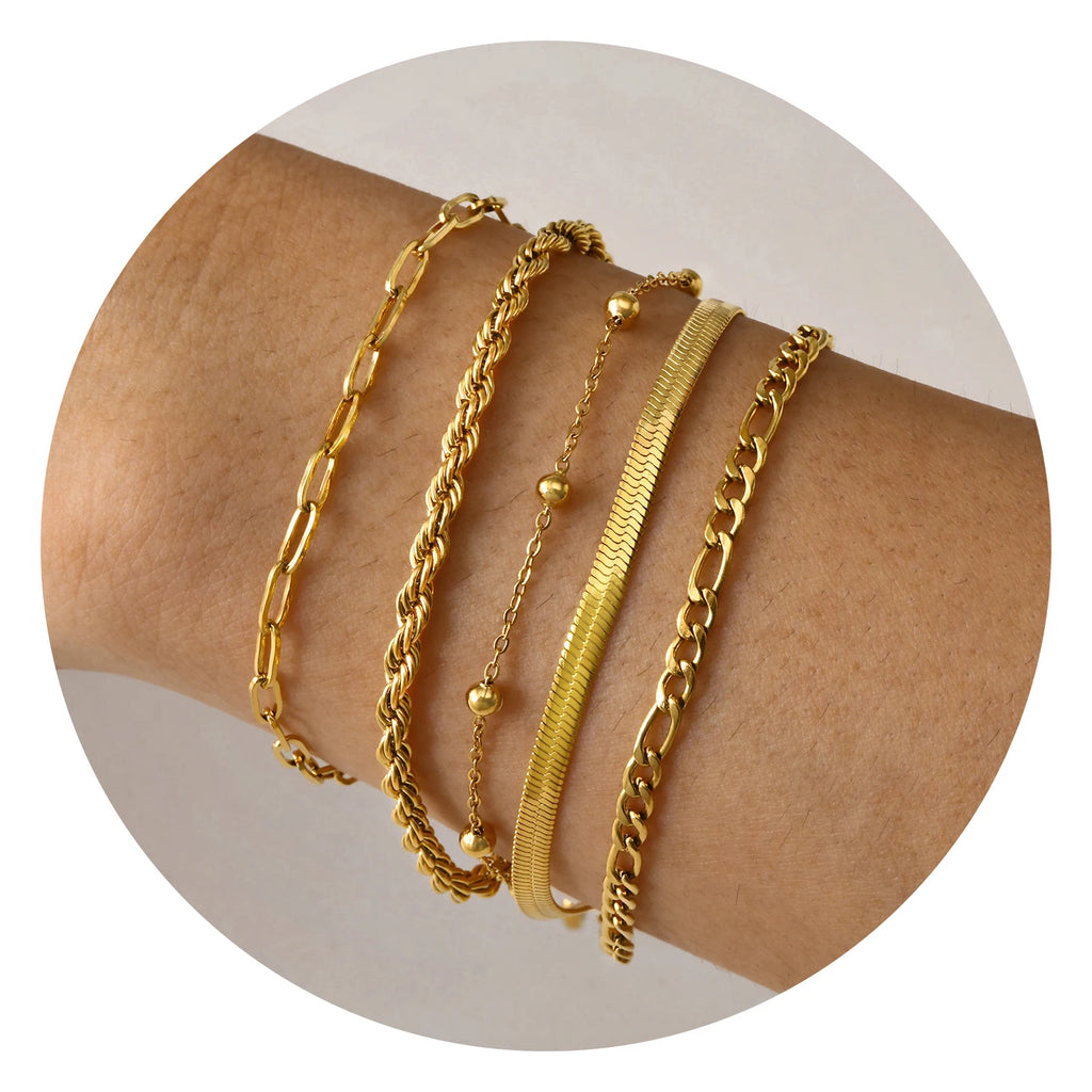 5PCS/Set Women Gold/Silver Color Bracelets,Stainless Steel Lady Geometric Fashion Charm Chain,Multi Layers Dainty Girl Jewelry
