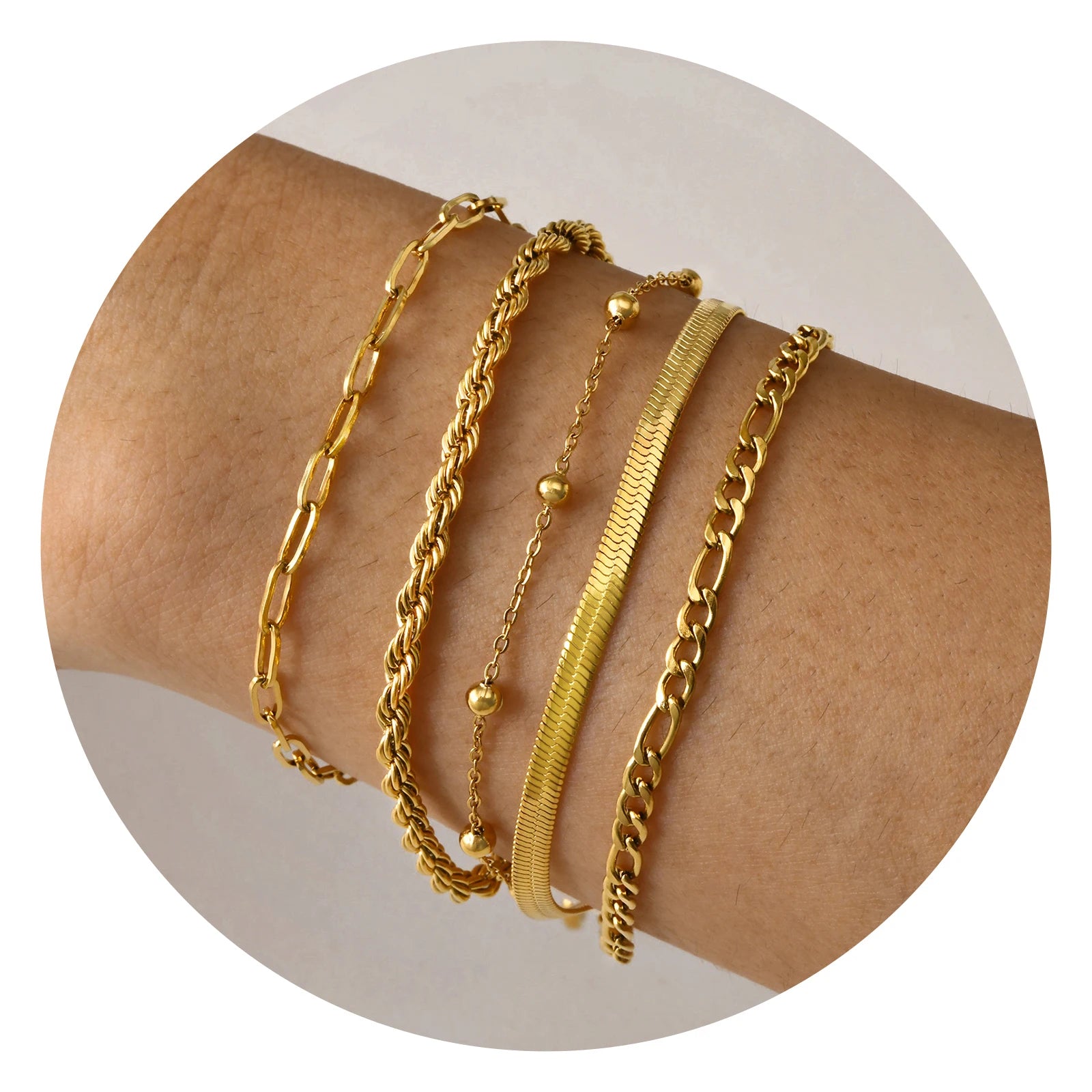 5PCS/Set Women Gold/Silver Color Bracelets,Stainless Steel Lady Geometric Fashion Charm Chain,Multi Layers Dainty Girl Jewelry