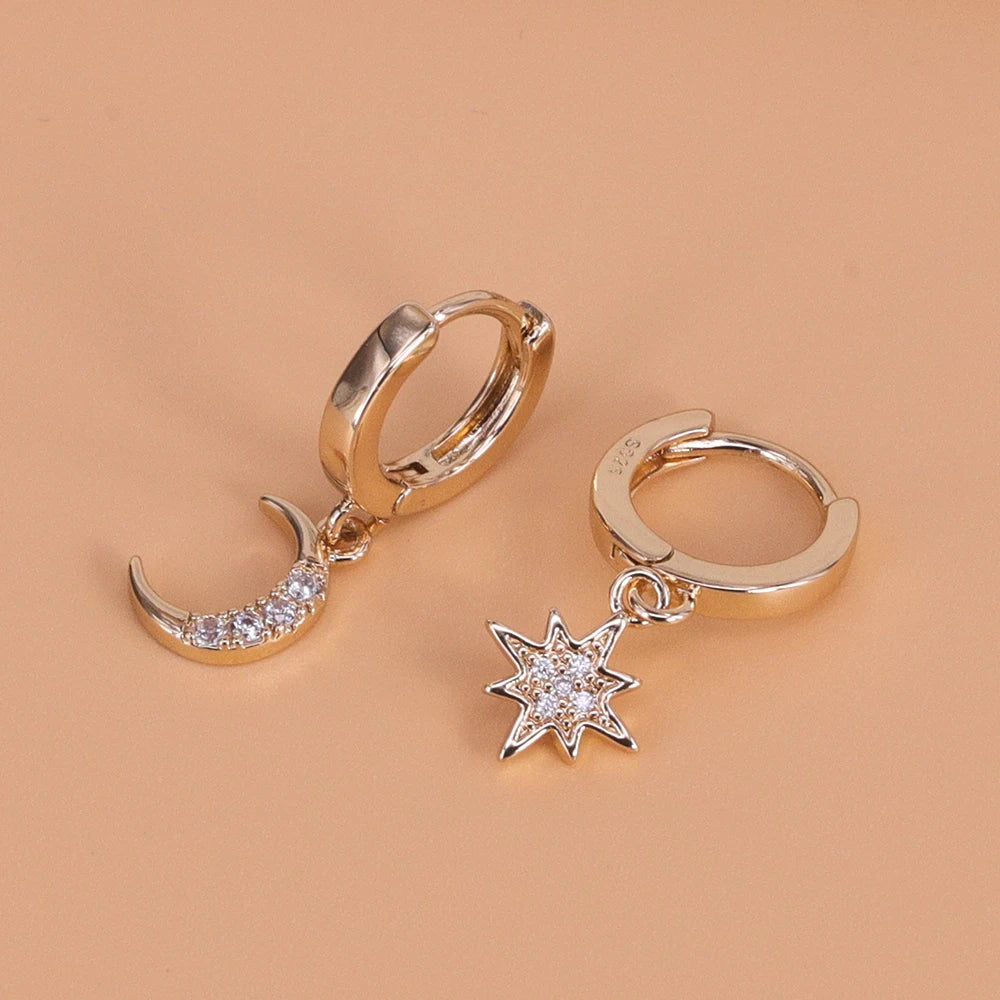 VENTFILLE 925 Sterling Silver CZ Star Moon Asymmetric Hoop Earrings for Women Girls Gold Silver Color Party Jewelry Gifts