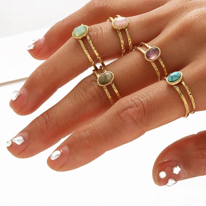 Inlaid Natural Stone Stainless Steel Engagement Rings for Women Adjustable Opening Simplicity Vintage Ring Fashion Jewelry
