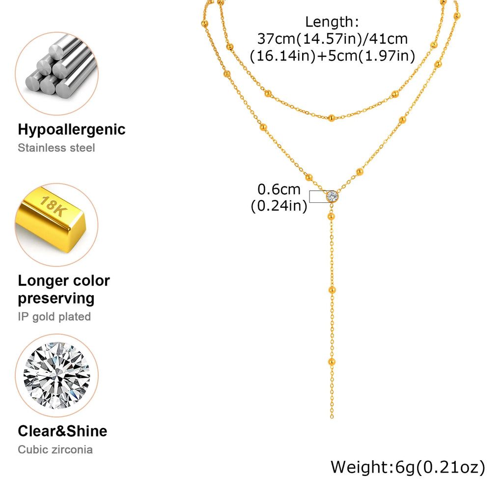 Dainty Bead Chain Zircon Heart-shaped Necklace for Women,Stainless Steel Flower Tassel Double Layer Y-shaped Necklaces Jewelry