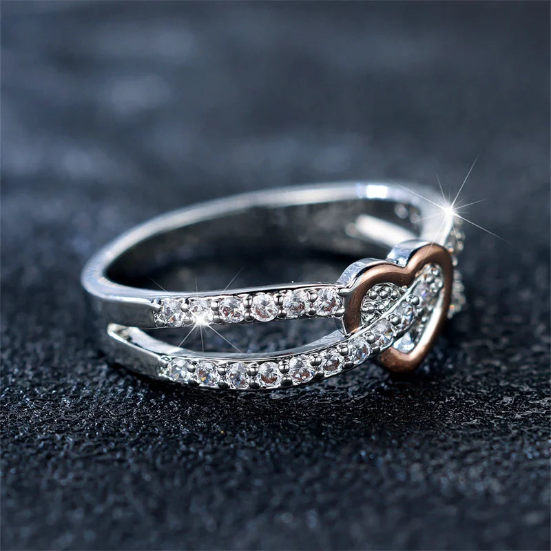 White Zircon Heart Ring - Rose Gold Silver Engagement Wedding Band