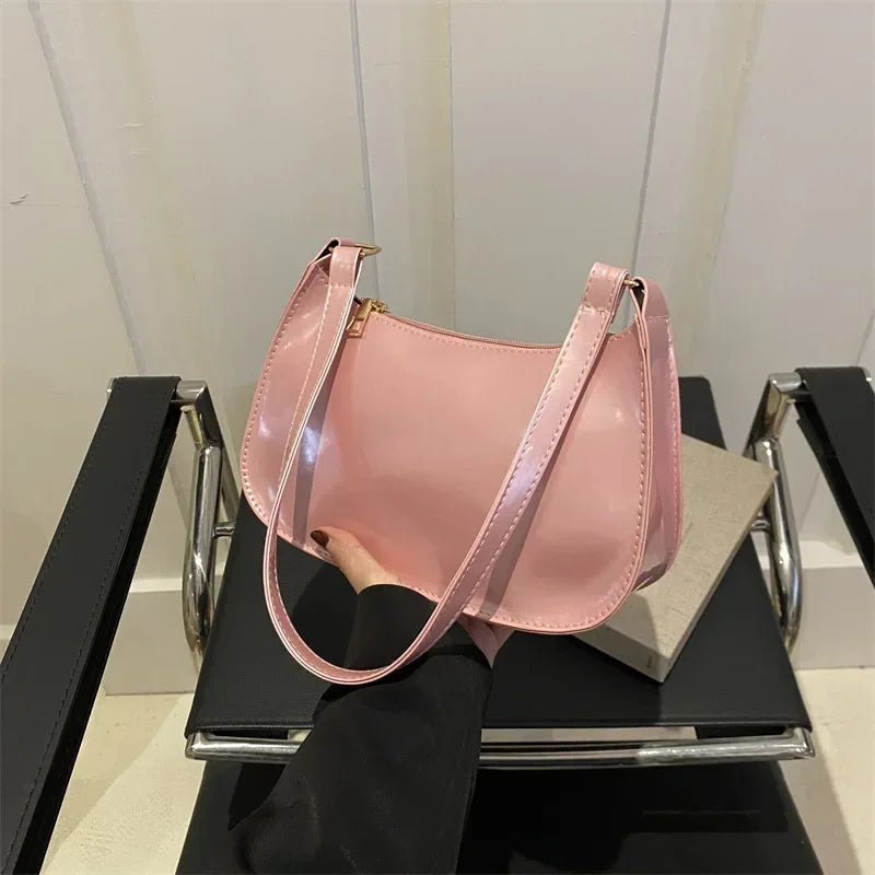 Vintage Wine Red Patent Leather Glossy Underarm Bag 2024 New Minimalist Lady Zipper Shoulder Bag Elegant Versatile Handbag Trend