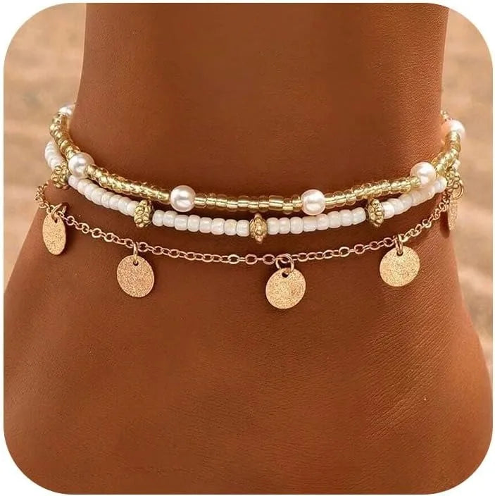 Gold Plated Boho Bead Adjustable Anklet, Hawaiian Beach Seashell Pearl Foot Jewelry Gifts Shell Ankle Bracelet Set for Women