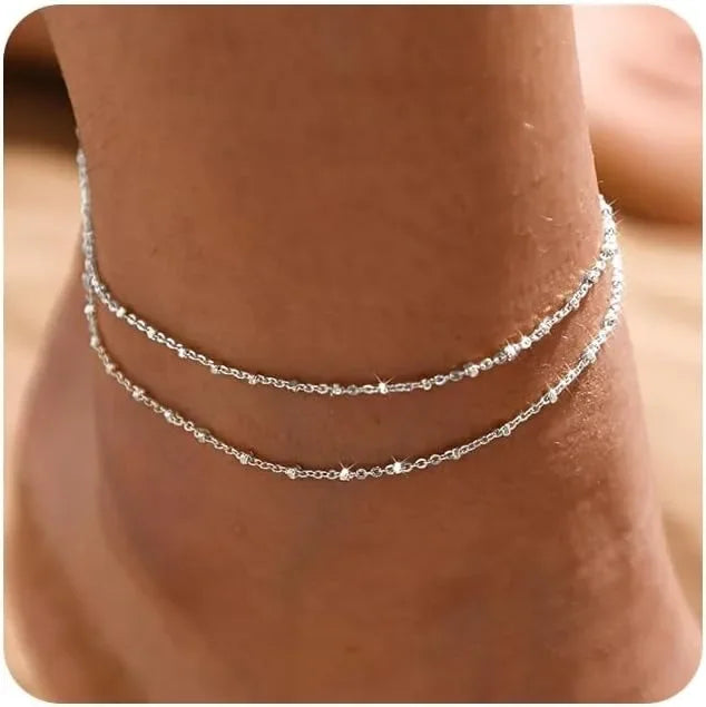 Gold/Silver Ankle Bracelets for Women,14K Gold Anklets for Women Waterproof Beads Anklets Set Layered Anklet Gold Jewelry Gift