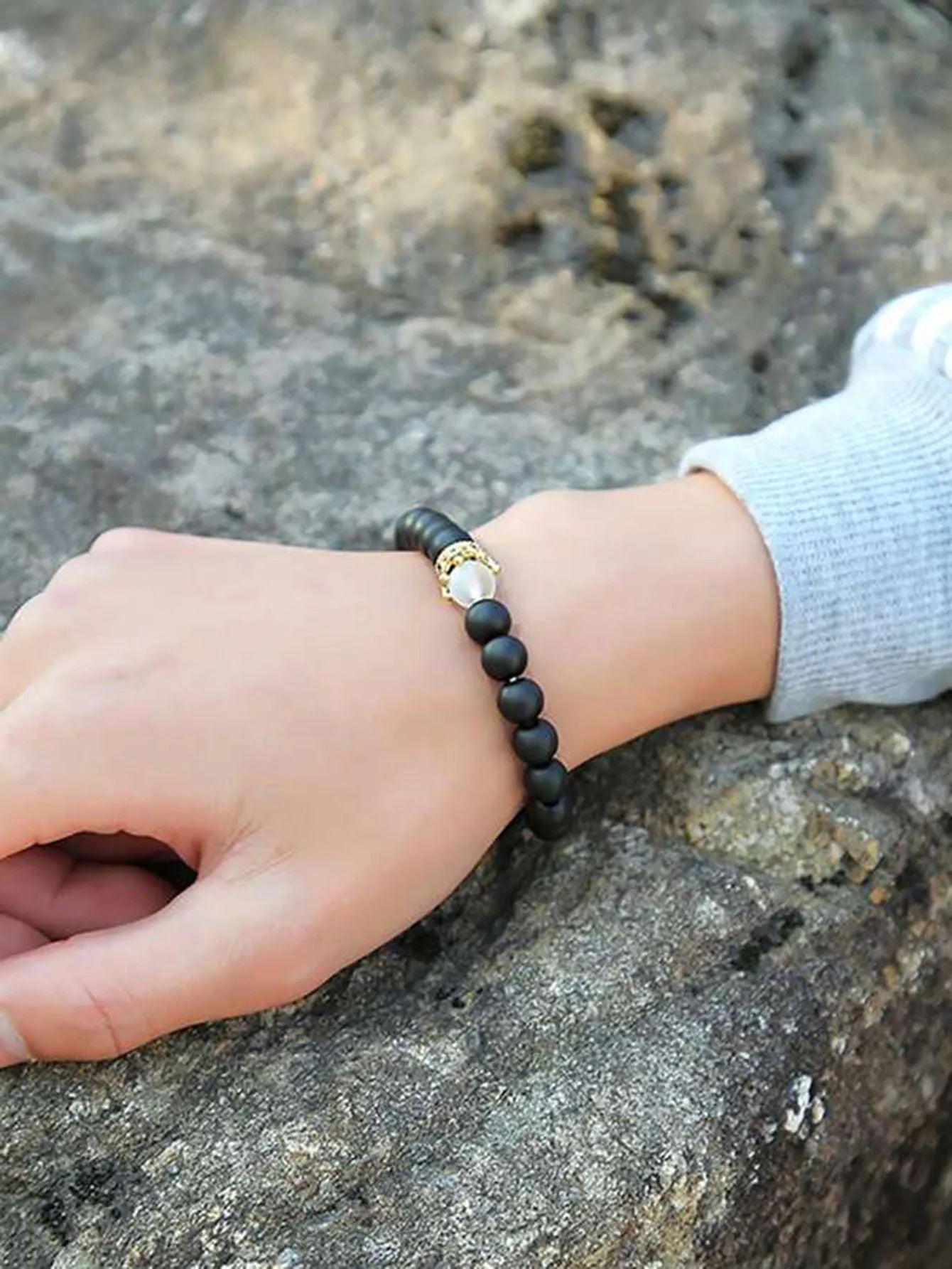 2pcs/Set Natural Stone Dumbbell Beaded Bracelet Black Beads Fitness Fit Life Prayer Bracelets Bangles Barbell Men Jewelry