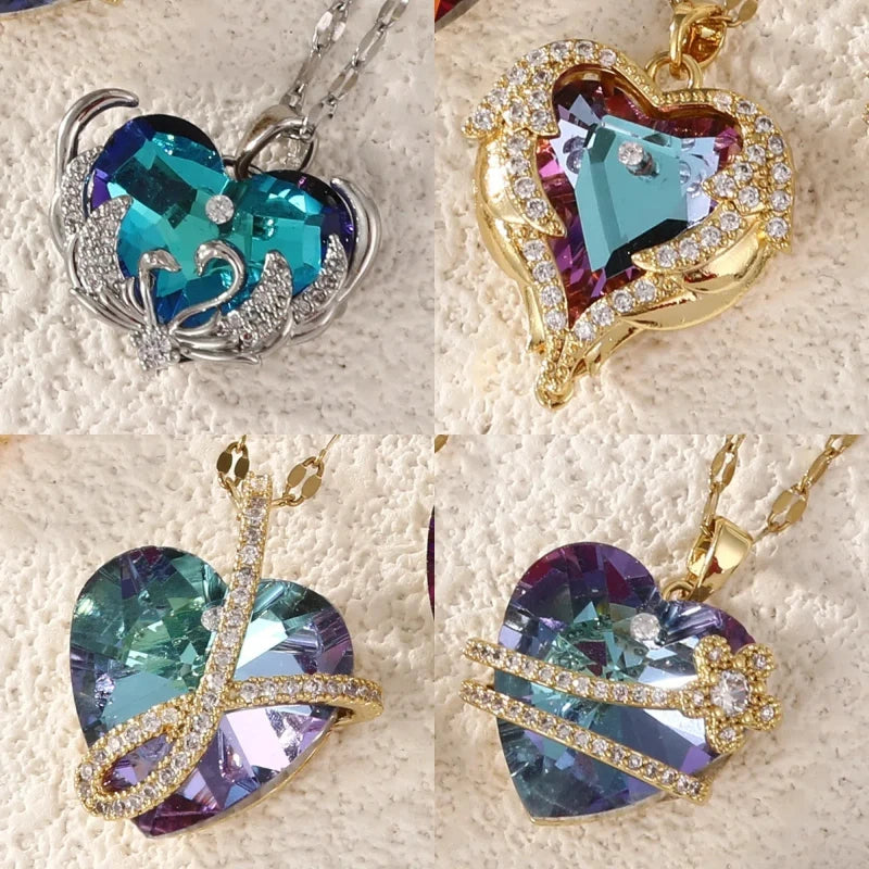 Versatile crystal necklace heart-shaped pendant collarbone chain ins jewelry woman bijoux acier inoxydable collar y2k accessorie