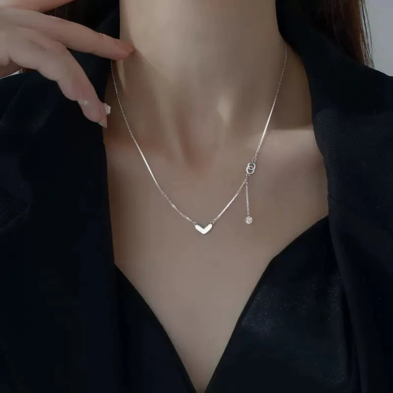 Popular 925 Sterling Silver Heart-shaped Tassel Necklace Sparkling Zircon Collarbone Chai Women's Fashion Jewelry Birthday Gift