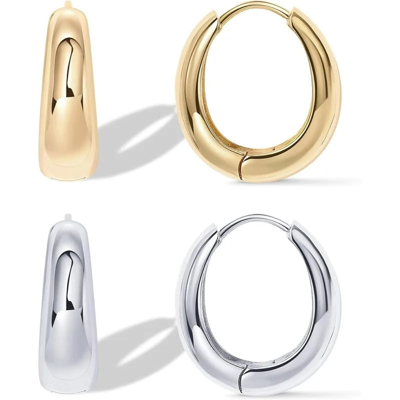 14K Gold Plated Sterling Silver Post Small Chunky Hoops Earrings | Thick Lightweight Gold Hoop Earrings for Women Retro style