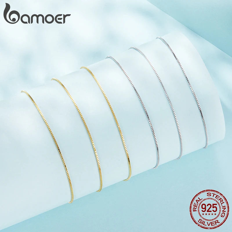 BAMOER Solid Gold Over 925 Sterling Silver Chain Necklace for Women Girls, 0.8mm Box Chain Super Thin & Strong Necklace Chain