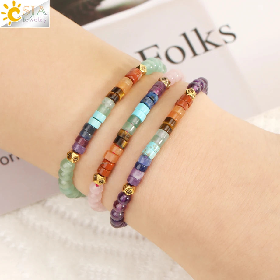 CSJA Natural Stone Bracelet Healing 7 Chakra Crystal Bracelet  Black Obsidian Tiger Eye 4mm Mini Beaded Bangle Luck Jewelry H393