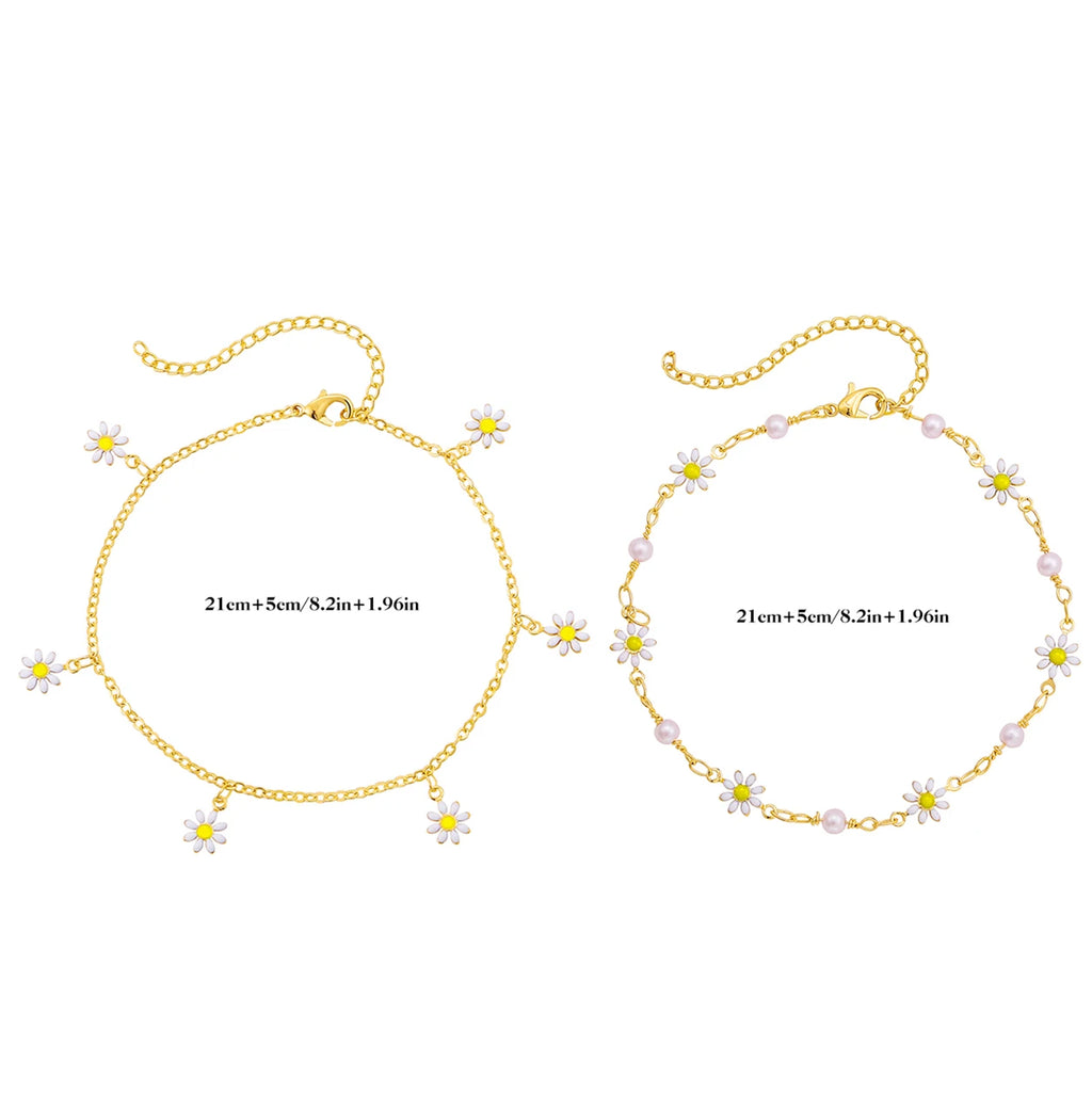 Elegant Daisy Flower Anklet with Handmade Pearl Chain Anklets for Women Summer Beach Sandals Accessories Bracelet on The Leg