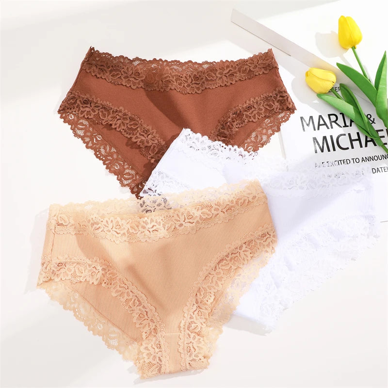 3PCS/Set Cotton Lace Underwear for Women Sexy Ribbed Floral Panties Comfortable Low-Waist Briefs Female Solid Comfort Lingerie