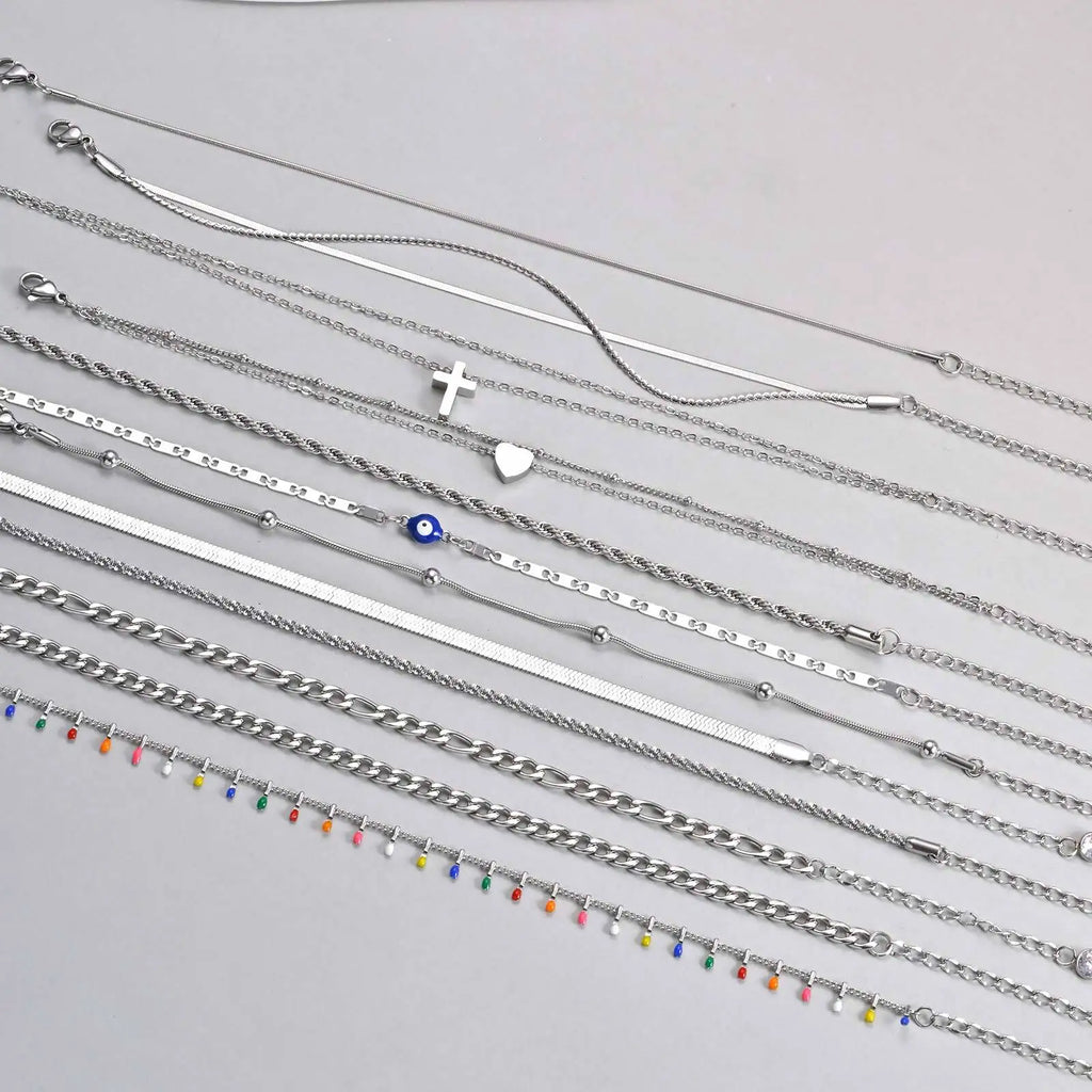 Silver Color Anklet Bracelets for Women Waterproof, Stainless Steel Layered Cuban Chain Herringbone Anklets Summer Beach Gift