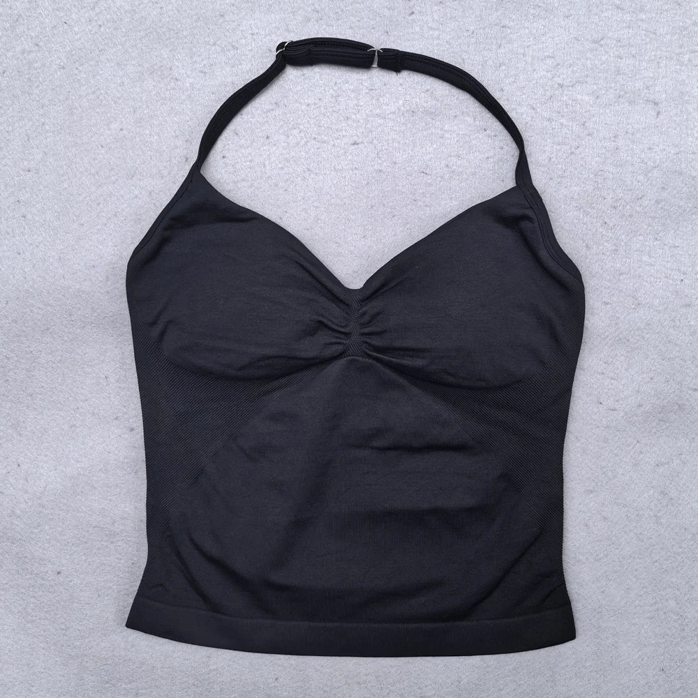 Adjustable Strappy Gym Top - Backless Scrunch Bra with Removable Cups