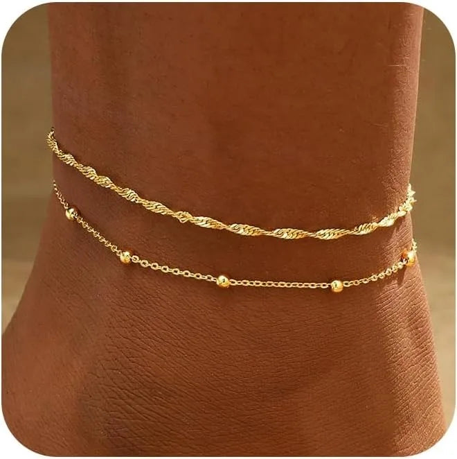 Gold Anklets for Women Waterproof Anklet Beaded Bracelets Stackable Bracelets Gold Plated Jewelry Gifts Non Tarnish Lightweight