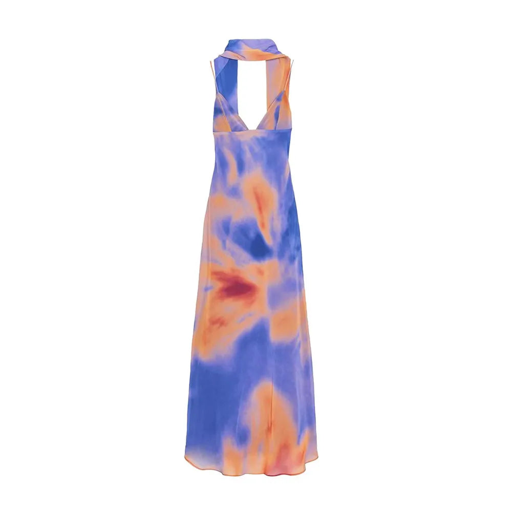 UNIZERA Scarf Printed Backless Long Dress 2025 Summer New Arrivals Women's Wear Elegant Satin Textured Dress