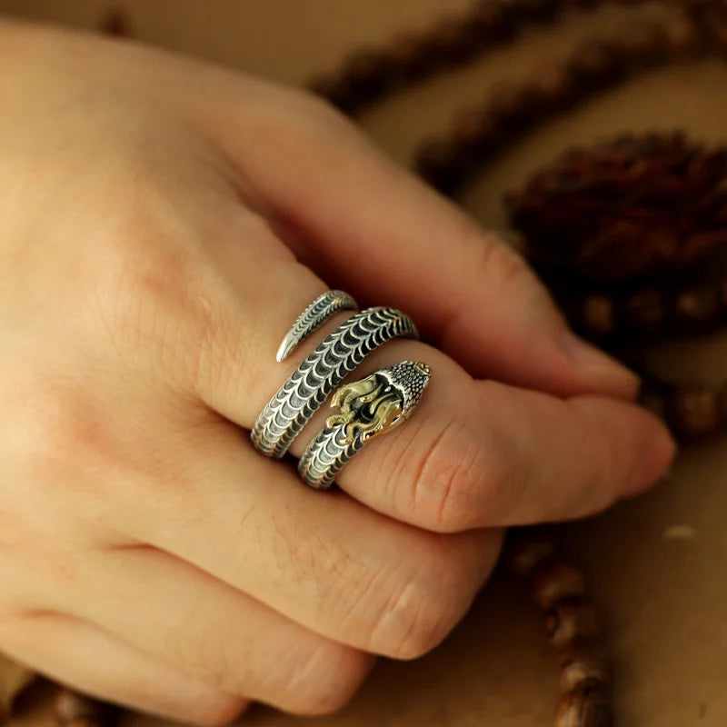 Buyee 925 Sterling Silver Male Big Ring Horned snake Open Ring Finger for Men Women Fashion Unique Rock Punk Fine Jewelry Circle