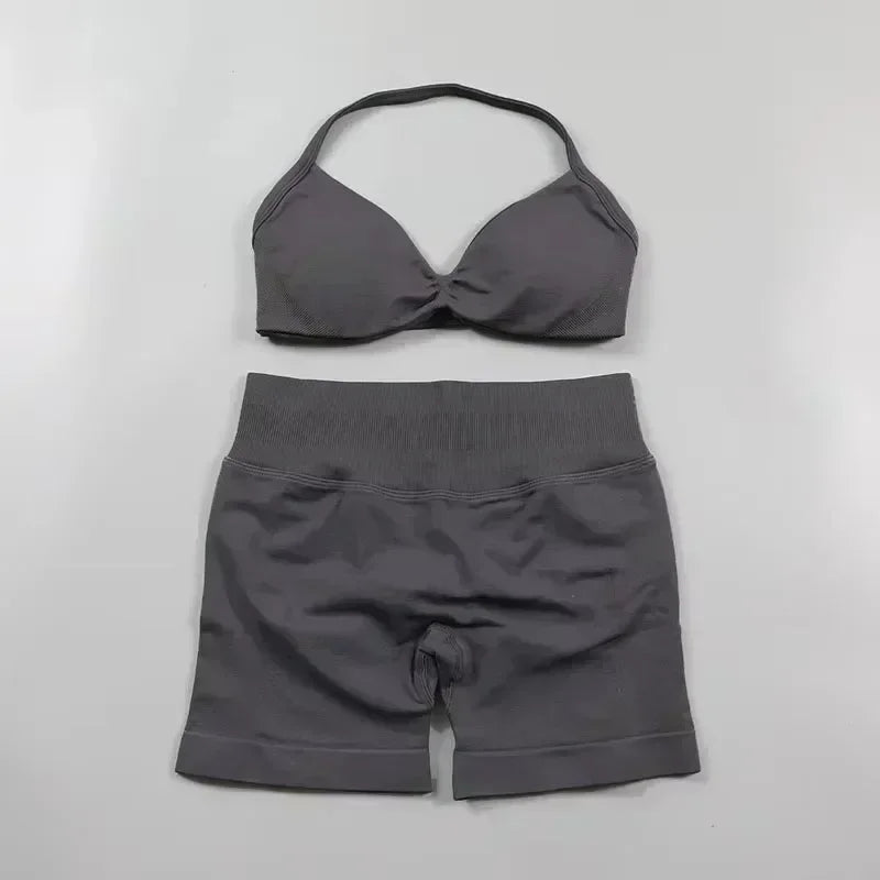 Seamless Sportswear Workout Set Women Two Piece Strappy Yoga Bra Top Scrunch Shorts Gym Clothes