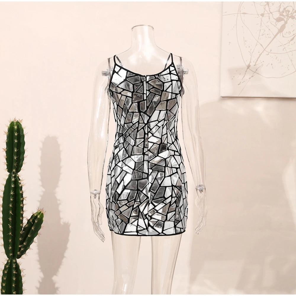 Women Shiny Metallic Sequin Dress - Sleeveless Bodycon Mini Party